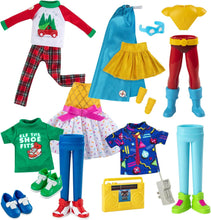 Load image into Gallery viewer, Elf on The Shelf Claus Couture New 2023 Set of 5: Tree Farm PJs, Ice Cream Party Dress, Polar Power Hero Set, Retro Rad '80s Gear, and Cool Kicks Sneaker Trio with Exclusive Joy Bag