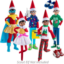Load image into Gallery viewer, Elf on The Shelf Claus Couture New 2023 Set of 5: Tree Farm PJs, Ice Cream Party Dress, Polar Power Hero Set, Retro Rad '80s Gear, and Cool Kicks Sneaker Trio with Exclusive Joy Bag