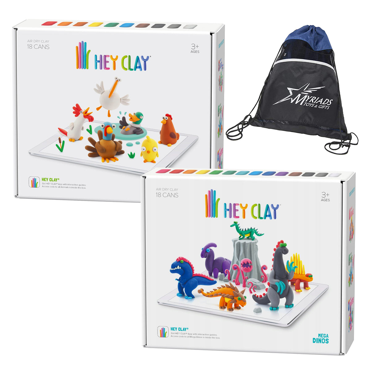 Hey Clay Set of 2: All New Mega Dinos and Farm Birds, with Drawstring –  Myriads Gifts