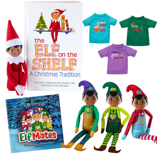 The Elf on The Shelf: Scout Elf Dark Tone with Elf Mates Dark Tone Super Pack - 1 Scout Elf, 3 Elf Dolls, and 3 Elf Shirts