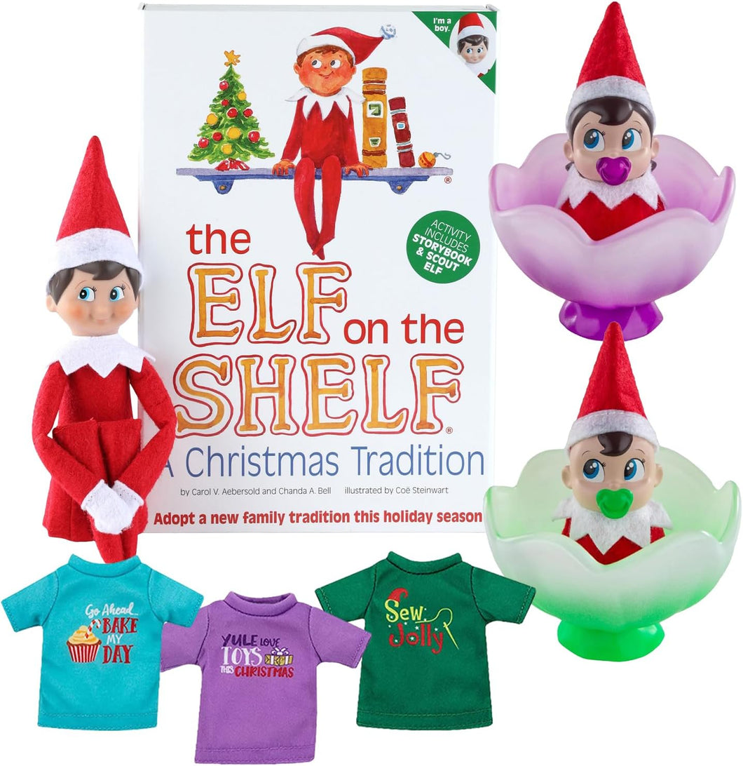 The Elf on The Shelf Bundle: Scout Elf Boy Light Tone, Boy & Girl Frost Pips and 3 Elf T-Shirts