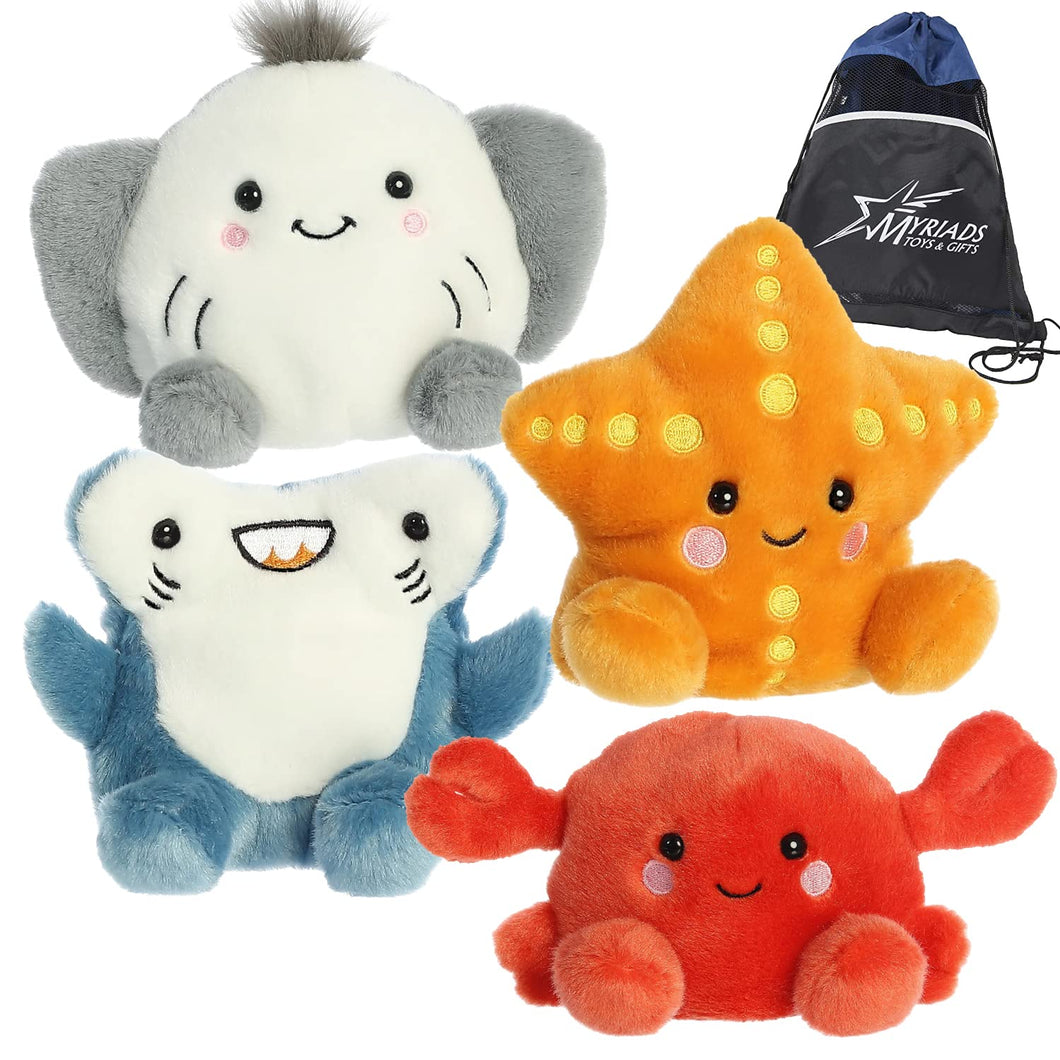 Aurora Palm Pals - Sea Creatures Set of 4: Huddleston Hammerhead Shark, Flapjack Stingray, Treasure Starfish, Snippy Crab with Drawstring Bag