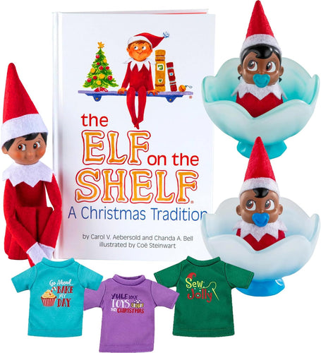 The Elf on The Shelf Bundle: Scout Elf Boy Dark Tone, Boy & Girl Dark Tone Frost Pips and 3 Elf T-Shirts