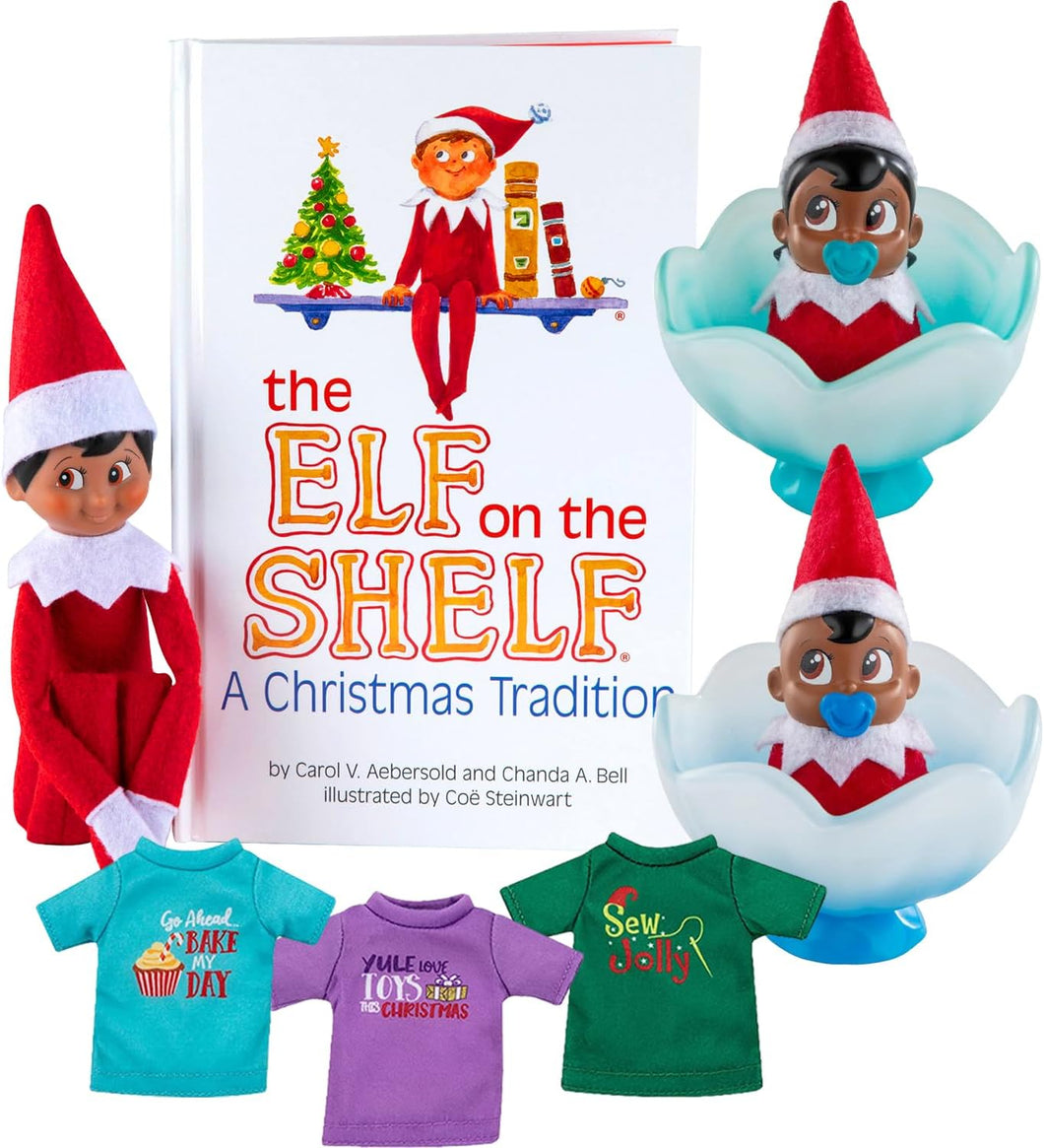 The Elf on The Shelf Bundle: Scout Elf Boy Dark Tone, Boy & Girl Dark Tone Frost Pips and 3 Elf T-Shirts