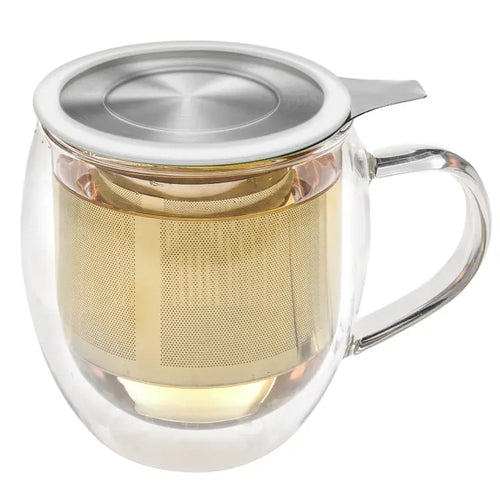 Teabloom Venice Double Wall Glass Mug with Infuser & Lid