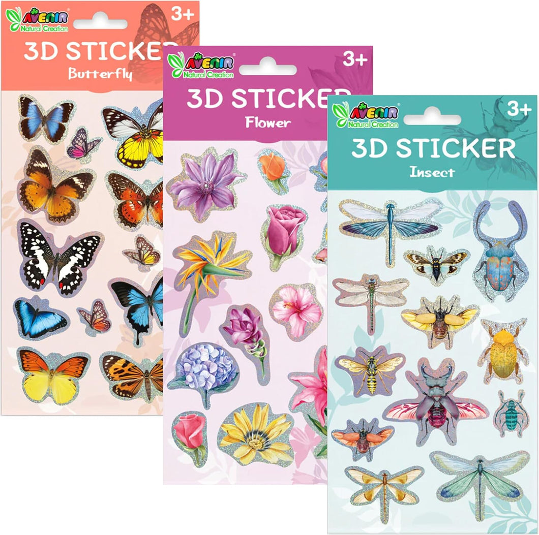 Avenir 3D Sticker Bundle: Flowers, Butterflies, and Insects, 36 Stickers