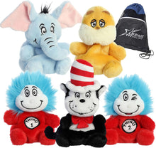 Load image into Gallery viewer, Aurora Palm Pals Dr. Seuss 5&quot; Plush Set of 5: The Cat in The Hat, Thing 1+2, Horton, and The Lorax with Exclusive Drawstring Bag