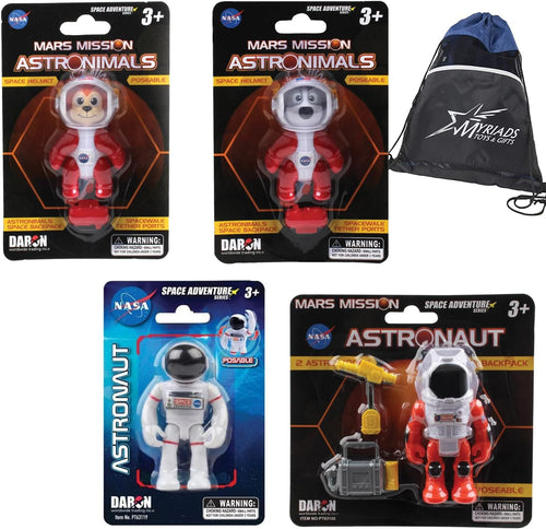 Daron NASA Space Adventure Figures Set of 4: Astronaut, Mars Astronaut with Drill, Astroanimals Cat and Dog, with Myriads Drawstring Bag