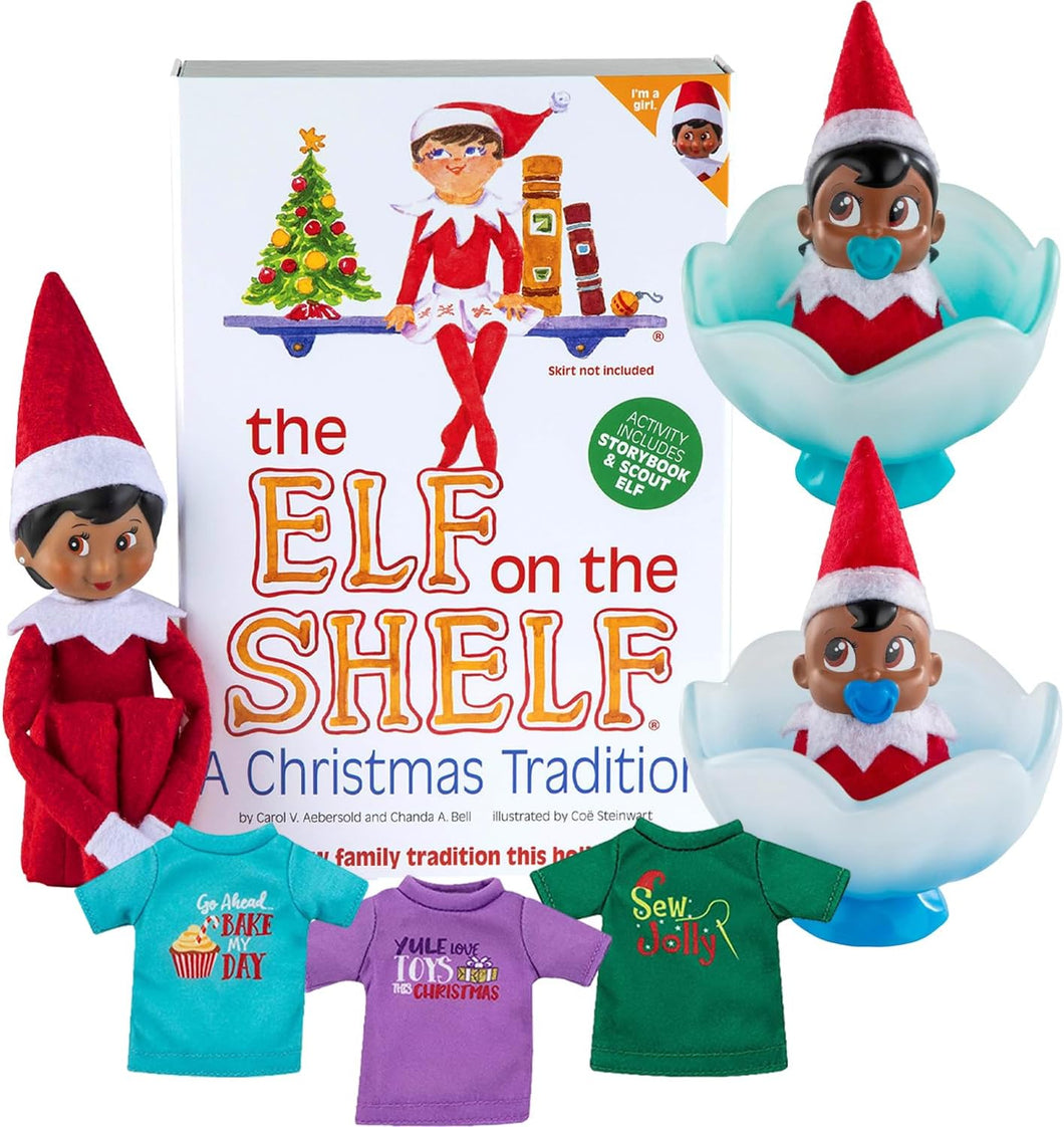 The Elf on the Shelf Holiday Magic Bundle – Brown-Eyed Girl Scout Elf, Frost Pips Boy & Girl, and 3 Elf T-Shirts