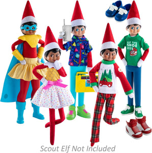 Elf on The Shelf Claus Couture New 2023 Set of 5: Tree Farm PJs, Ice Cream Party Dress, Polar Power Hero Set, Retro Rad '80s Gear, and Cool Kicks Sneaker Trio with Exclusive Joy Bag