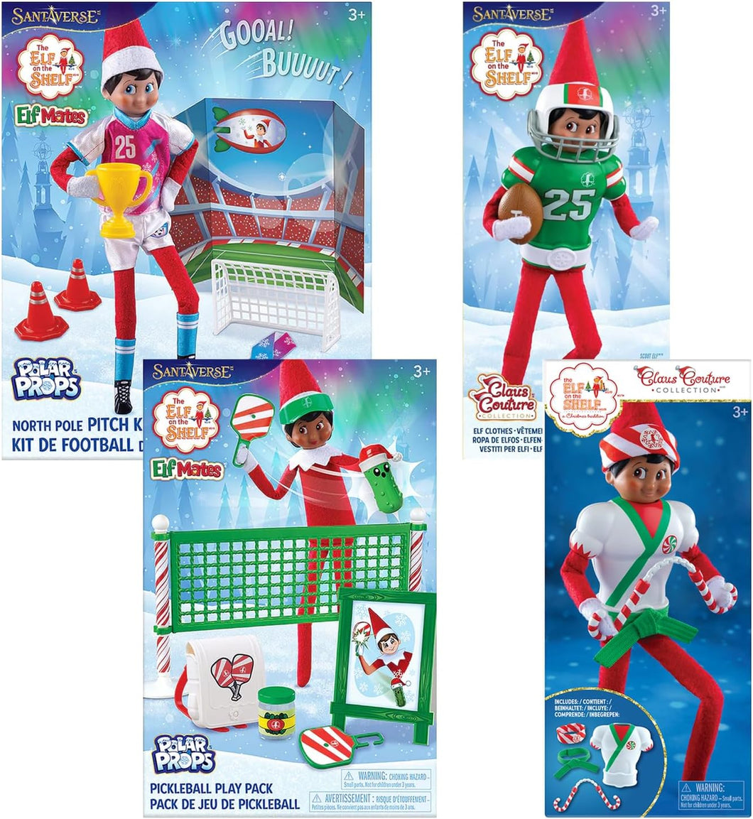 The Elf on The Shelf Sporting Set: Polar Props™ North Pole Pitch Kit, Pickleball Play Pack, Claus Couture Collection® Touchdown Tidings Set, & Karate Kicks Set