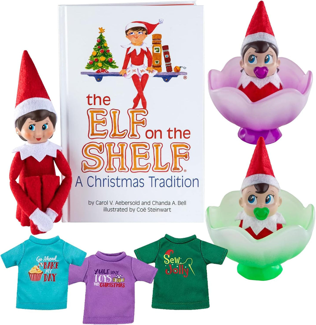 The Elf on the Shelf Holiday Magic Bundle: Light-Tone Girl Scout Elf, Frost Pips Boy & Girl, and 3 Elf T-Shirts