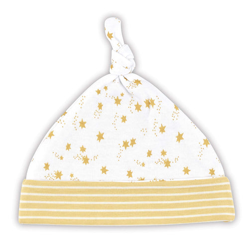 Stephan Baby Stripey Knit Collection, Top Knot Hat, Yellow + White Stripes with Stars, Newborn