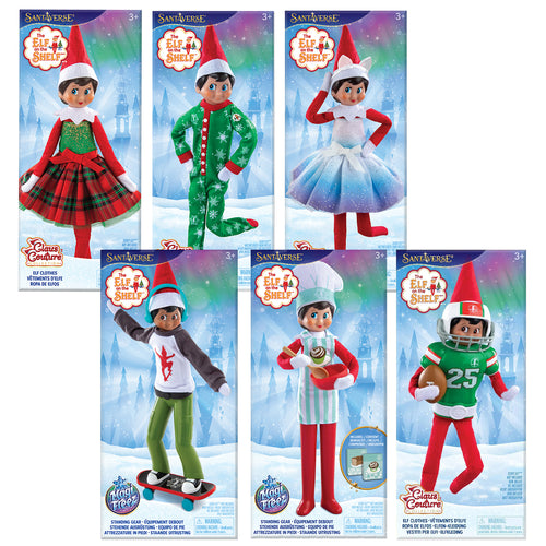 The Elf on The Shelf Claus Couture 2024 Set of 6: Snowflake PJs, Gifts & Glamour Dress, Touchdown Tidings Set, Extraordinary Noorah Dress, MagiFreez Christmas Chef, and Holly Jolly Ollie Skateboarder