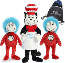 Load image into Gallery viewer, Aurora Cat in The Hat Set of 3 Plush Bundle: 14&quot; Chef Cat in The Hat, 12&quot; Thing 1 and Thing 2 with Exclusive Myriads Drawstring Bag