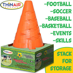 Thin Air Brands Agility Training Sport Cone 12 Pack - for Soccer, Sports, Events, School, or Field Markers - for Kids and Adults, Orange