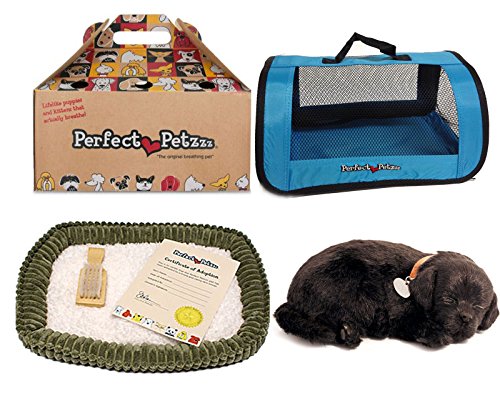 Perfect Petzzz Plush Black Lab Breathing Puppy Dog with Blue Tote For Plush Breathing Pet