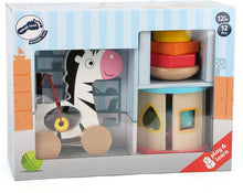 Load image into Gallery viewer, Legler Motor Skills 3-in-1 Playset with Pull-Along Zebra, Stacking Tower &amp; Shape Sorting