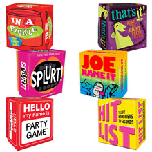 Load image into Gallery viewer, Gamewright Party Games Mega Set: In a Pickle, Joe Name it, That&#39;s It, Hit List, Splurt!, and Hello My Name Is