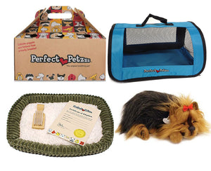 Yorkie Authentic Breathing Petzzz by Perfect Petzzz with Blue Tote For Plush Breathing Pet