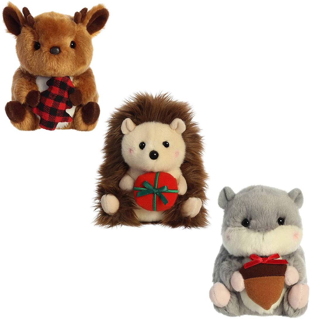 Aurora Holiday Rolly Pets Assorted Stuffed Animals Bundle: Hedgehog, Moose, and Chipmunk Plush Toys
