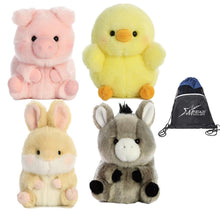 Load image into Gallery viewer, Aurora Rolly Pets Farm Set of 4 Plushies: Bray Donkey, Chickadee Chick, Prankster Pig and Bunbun Bunny, with Myriads Drawstring Bag