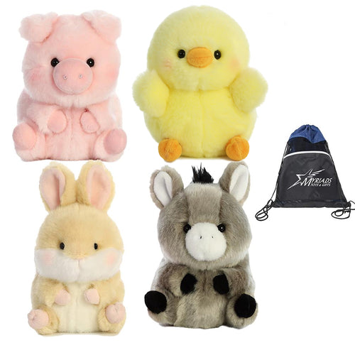 Aurora Rolly Pets Farm Set of 4 Plushies: Bray Donkey, Chickadee Chick, Prankster Pig and Bunbun Bunny, with Myriads Drawstring Bag