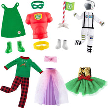 Load image into Gallery viewer, The Elf on the Shelf Claus Couture Set of 5: I&#39;m So Fly PJs, Holly Days Dress, Clausmonaut, Mighty Superhero, and Glitzy Gala Gown