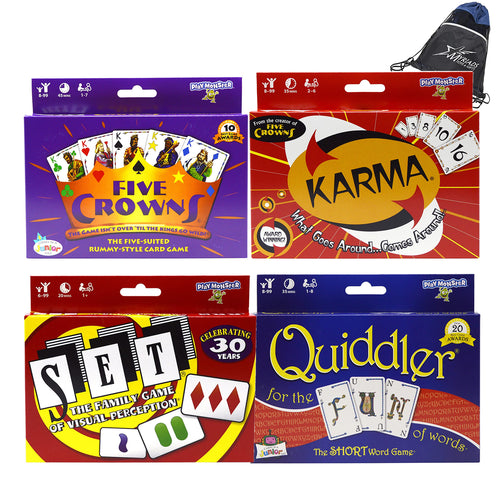 PlayMonster Set of 4 Card Games: Five Crowns, Karma, Set and Quiddler, with Myriads Drawstring Bag