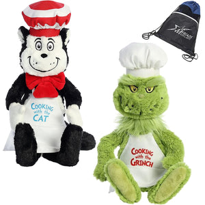 Aurora Dr. Seuss Set of 2 Plush: 14" Chef Cat in the Hat and 14" Chef Grinch, Green, with Myriads Drawstring Bag