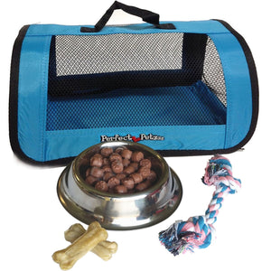 Perfect Petzzz Golden Retriever Plush with Blue Tote For Plush Breathing Pet and Dog Food, Treats, Chew Toy and Drawstring Bag