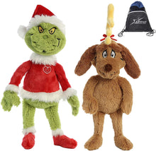 Load image into Gallery viewer, Aurora World Plush Bundle of 2, 18&quot; Grinch Santa, &amp; 18&quot; Max with Antler and Cotton Bag