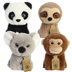 Aurora Eco Nation Mini Plush Zoo Set of 4: Panda, Sloth, Monkey, and Koala with Drawstring Bag