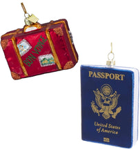 Load image into Gallery viewer, Kurt Adler World Traveler Set of 2 Glass Ornaments: 4&quot; Passport and 3.5&quot; Bon Voyage Suitcase