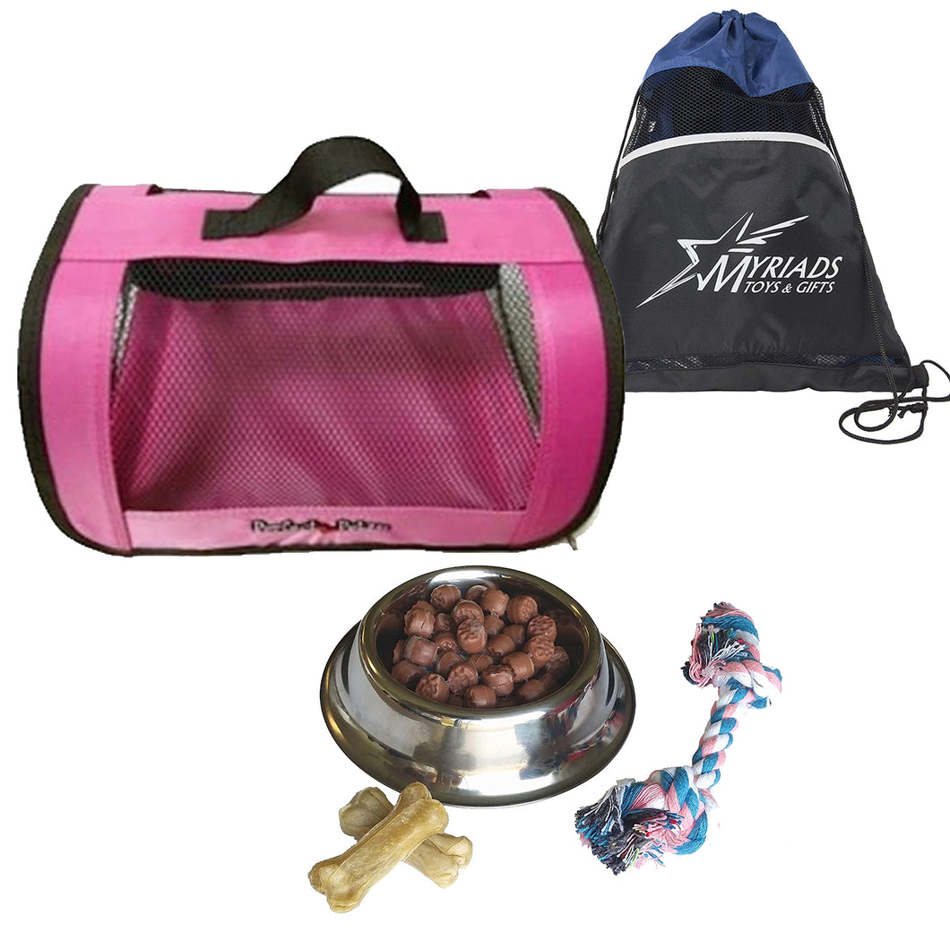 Perfect Petzzz Pink Tote For Plush Breathing Pets with Dog Food, Treats, Chew Toy and Myriads Drawstring Bag