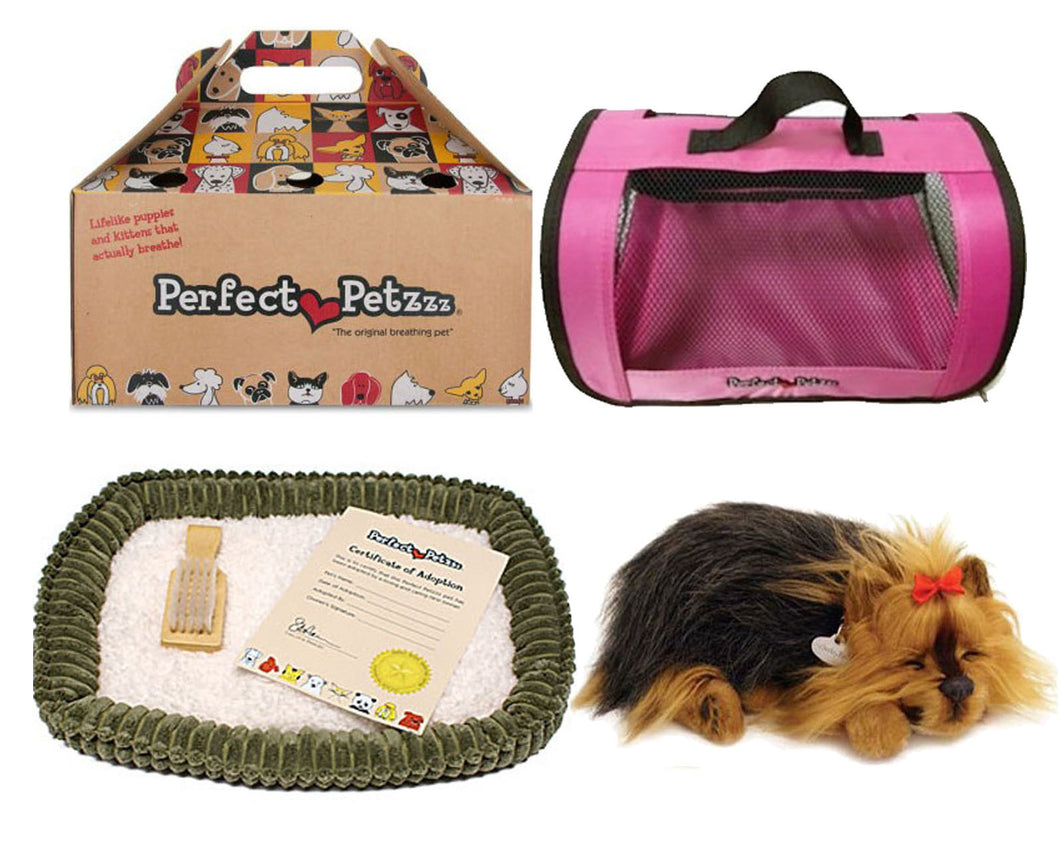 Yorkie Authentic Breathing Petzzz by Perfect Petzzz with Pink Tote For Plush Breathing Pet
