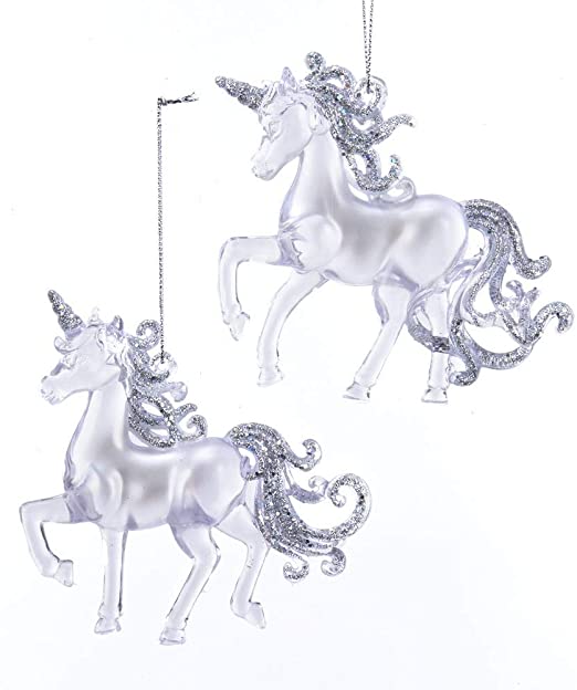 Kurt Adler Clear With Silver Glitter Unicorn Ornaments, Assorted