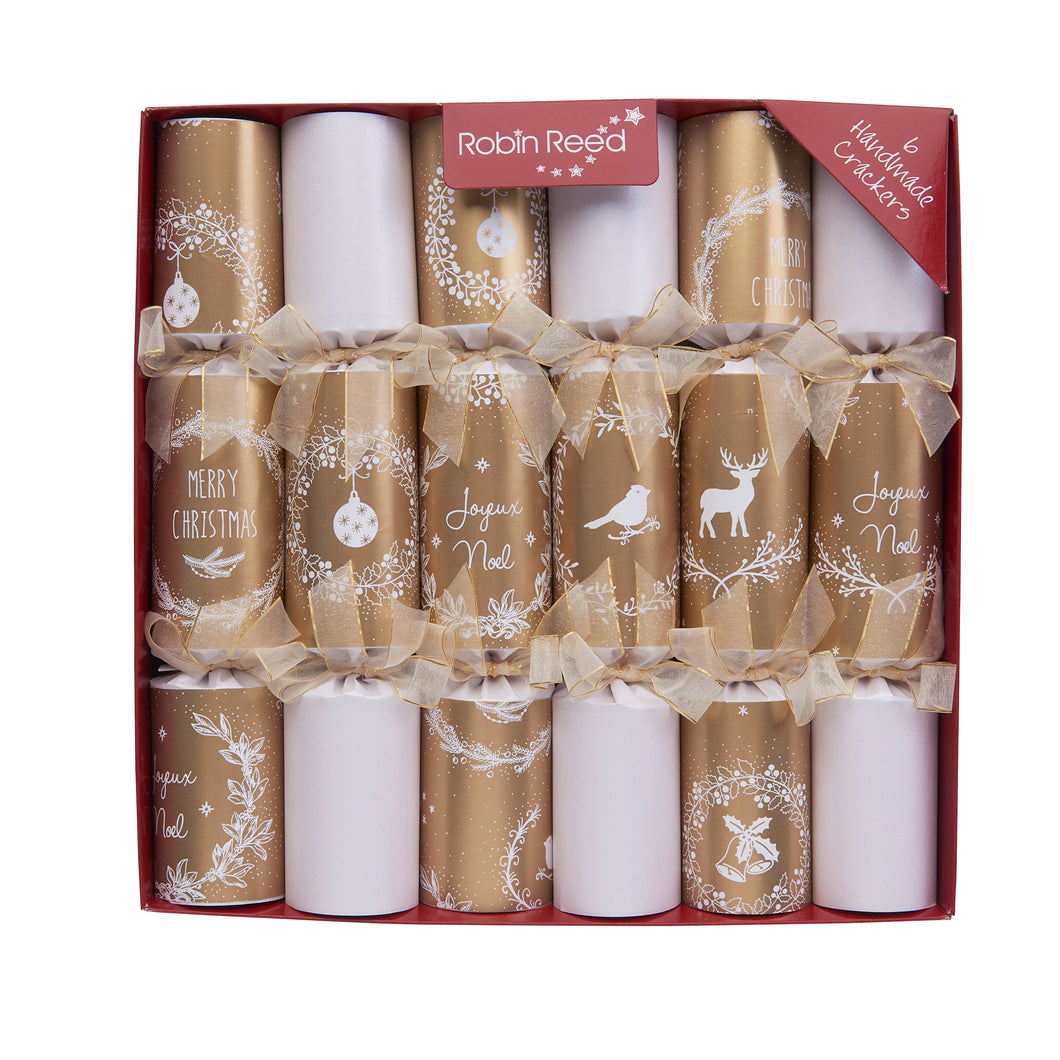 Robin Reed Gold & White Wreath Christmas Crackers, Set of 6 (12