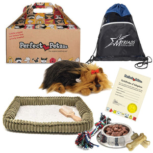 Perfect Petzzz Plush Yorkie Breathing Dog with Dog Food, Treats, Chew Toy & Myriads Drawstring Bag