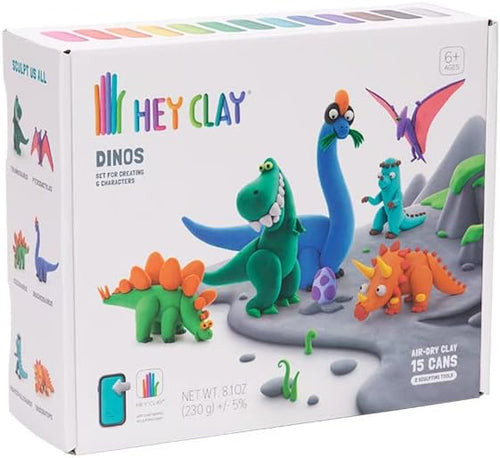 Hey Clay Dinos - 15 Cans of Colorful Air-Dry Kids Clay with 2 Sculpting Tools and Interactive App