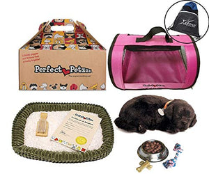 Perfect Petzzz Plush Black Lab Breathing Puppy Dog with Pink Tote for Plush Breathing Pet and Dog Food, Treats, and Chew Toy with Myriads Drawstring Bag
