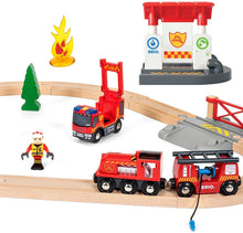 Load image into Gallery viewer, BRIO Rescue Firefighter Set 18 Piece Train Toy with a Fire Truck, Accessories &amp; Wooden Tracks for Ages 3+