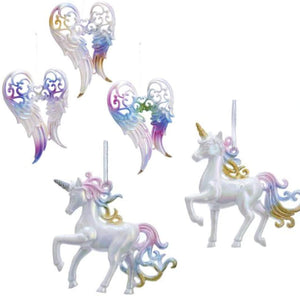 Kurt Adler Fantastical Christmas Ornament Set of 5: 2 Unicorns and 3 Shimmering Wings, with Hangers