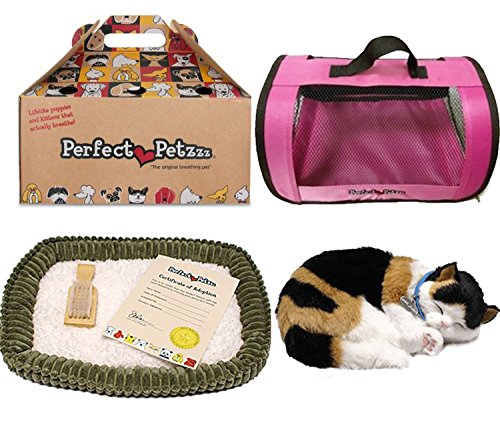 Perfect Petzzz Calico Cat Soft Toy with Pink Tote For Plush Breathing Pet