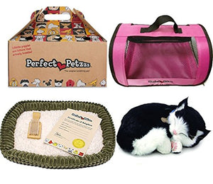 Perfect Petzzz Black and White Shorthair Kitten Plush with Pink Tote For Plush Breathing Pet