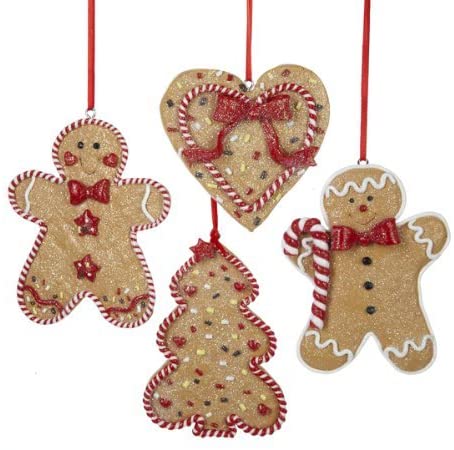 Kurt Adler Christmas Ornaments Set of 4: 2 Gingerbread Men, Tree and Heart