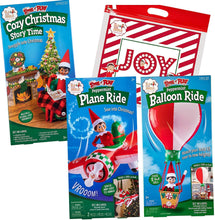 Load image into Gallery viewer, The Elf on the Shelf Scout Elves at Play Set: Cozy Christmas Story Time, Peppermint Plane Ride, Balloon Ride, and Joy Travel Bag