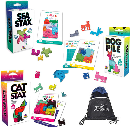 Brainwright Cat STAX The Perrfect Puzzle, Dog Pile The Pup & Sea STAX The Deep Sea Creature Shaped Pattern Puzzle Packing Game