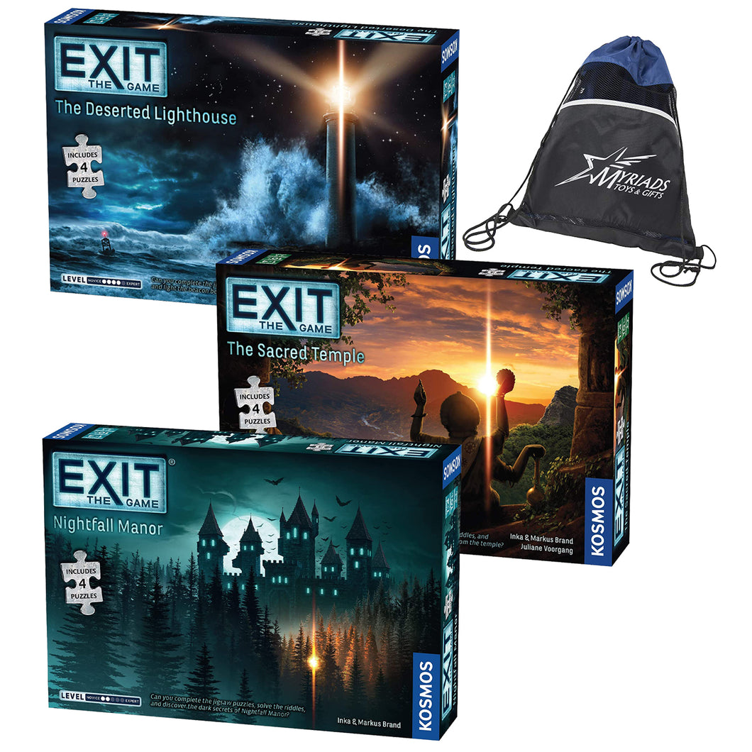 Thames & Kosmos Exit: The Game set of 3 Games with Puzzles - The Sacred Temple, The Deserted Lighthouse and Nightfall Manor, with Drawstring Bag