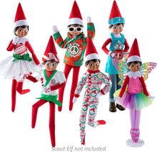 Load image into Gallery viewer, The Elf on the Shelf Claus Couture Set 6: Candy Cane Dress, Karate Kicks, Groovy Greetings Hoodie, Wonderland Onesie, Cocoa to Go, Rainbow Snow Pixie